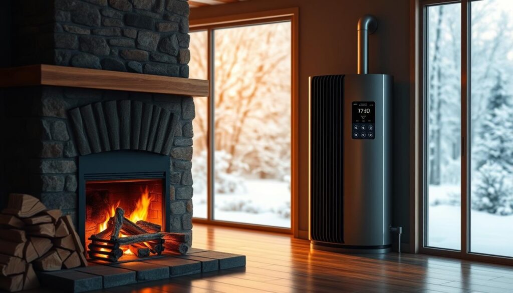 A comparison of wood-burning and gas heating, showcased in a realistic interior scene. The foreground features a cozy fireplace with a crackling fire, casting a warm, golden glow across the room. The middle ground displays a gas-powered heating unit, its sleek design and digital interface contrasting with the rustic charm of the fireplace. In the background, large windows offer a glimpse of a snowy winter landscape, emphasizing the energy-efficient nature of both heating systems. The overall atmosphere is one of comfort and efficiency, inviting the viewer to consider the trade-offs between the two heating options. A comparison of wood-burning and gas heating, showcased in a realistic interior scene. The foreground features a cozy fireplace with a crackling fire, casting a warm, golden glow across the room. The middle ground displays a gas-powered heating unit, its sleek design and digital interface contrasting with the rustic charm of the fireplace. In the background, large windows offer a glimpse of a snowy winter landscape, emphasizing the energy-efficient nature of both heating systems. The overall atmosphere is one of comfort and efficiency, inviting the viewer to consider the trade-offs between the two heating options.