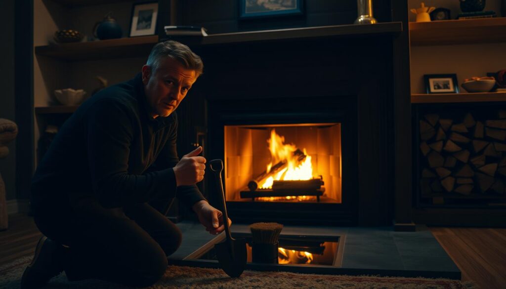 A cozy, dimly lit living room with a crackling fireplace in the center. In the foreground, a person kneels beside the fireplace, methodically tending to the glowing embers with a small set of fireplace tools - a poker, shovel, and brush. The person's expression is one of focused concentration, their movements precise and deliberate. Behind them, shelves line the walls, displaying neatly stacked firewood and a few decorative items. The lighting is warm and inviting, casting a soft glow over the scene. The overall atmosphere conveys a sense of routine maintenance, a small but important task that ensures the continued enjoyment of the fireplace. A cozy, dimly lit living room with a crackling fireplace in the center. In the foreground, a person kneels beside the fireplace, methodically tending to the glowing embers with a small set of fireplace tools - a poker, shovel, and brush. The person's expression is one of focused concentration, their movements precise and deliberate. Behind them, shelves line the walls, displaying neatly stacked firewood and a few decorative items. The lighting is warm and inviting, casting a soft glow over the scene. The overall atmosphere conveys a sense of routine maintenance, a small but important task that ensures the continued enjoyment of the fireplace.