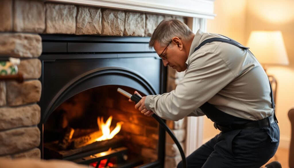 A professional chimney sweep, dressed in a clean uniform, inspecting a wood-burning fireplace with a focused expression. The fireplace is situated in a cozy, well-lit living room, with soft lighting casting a warm glow. The sweep uses specialized tools to thoroughly examine the interior of the fireplace, checking for any signs of wear or potential hazards. The room's decor suggests a comfortable, traditional aesthetic, complementing the scene of professional fireplace maintenance. A professional chimney sweep, dressed in a clean uniform, inspecting a wood-burning fireplace with a focused expression. The fireplace is situated in a cozy, well-lit living room, with soft lighting casting a warm glow. The sweep uses specialized tools to thoroughly examine the interior of the fireplace, checking for any signs of wear or potential hazards. The room's decor suggests a comfortable, traditional aesthetic, complementing the scene of professional fireplace maintenance.