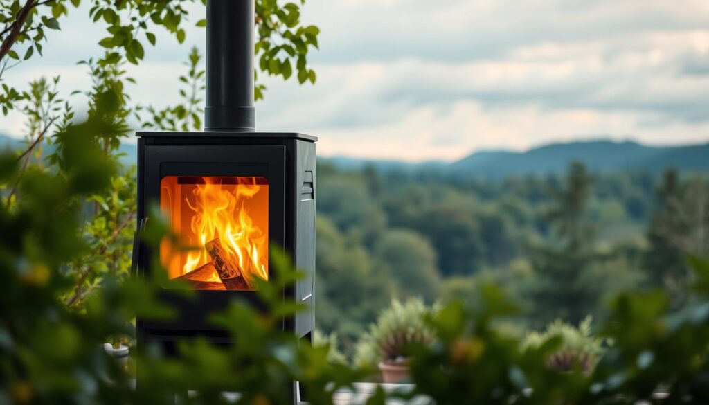 A well-crafted, eco-friendly wood stove set against a serene, nature-inspired backdrop. In the foreground, the stove's sleek, modern design features a large glass panel, allowing a captivating view of the dancing flames within. The stove's body is made of high-quality, matte black metal, exuding a sense of durability and efficiency. Soft, diffused lighting illuminates the scene, creating a warm and inviting atmosphere. In the middle ground, lush, verdant foliage frames the stove, symbolizing its harmony with the natural environment. The background depicts a picturesque landscape, perhaps a forest clearing or a cozy, rural setting, emphasizing the stove's sustainable and environmentally conscious nature. The overall composition conveys a thoughtful, eco-friendly approach to home heating. A well-crafted, eco-friendly wood stove set against a serene, nature-inspired backdrop. In the foreground, the stove's sleek, modern design features a large glass panel, allowing a captivating view of the dancing flames within. The stove's body is made of high-quality, matte black metal, exuding a sense of durability and efficiency. Soft, diffused lighting illuminates the scene, creating a warm and inviting atmosphere. In the middle ground, lush, verdant foliage frames the stove, symbolizing its harmony with the natural environment. The background depicts a picturesque landscape, perhaps a forest clearing or a cozy, rural setting, emphasizing the stove's sustainable and environmentally conscious nature. The overall composition conveys a thoughtful, eco-friendly approach to home heating.